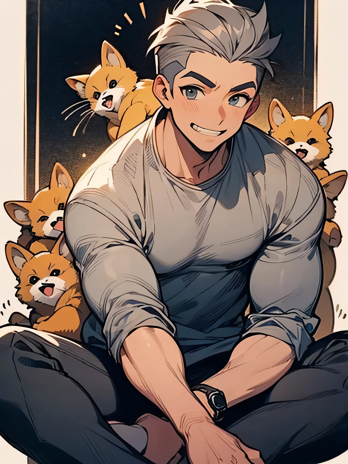 Alone,man,50years old,sitting indian style,ash gray color hair,sideshaved,undercut,male's eyes,male's nose,male's mouth,king magnifico,Muscle、 dandy male 、 watch 、grey sweatshirt 、grey sweatshirt パンツ、Pomeranian dog on the side、grin, friendly mutton chops,(manga style),(sketch),(illustration),