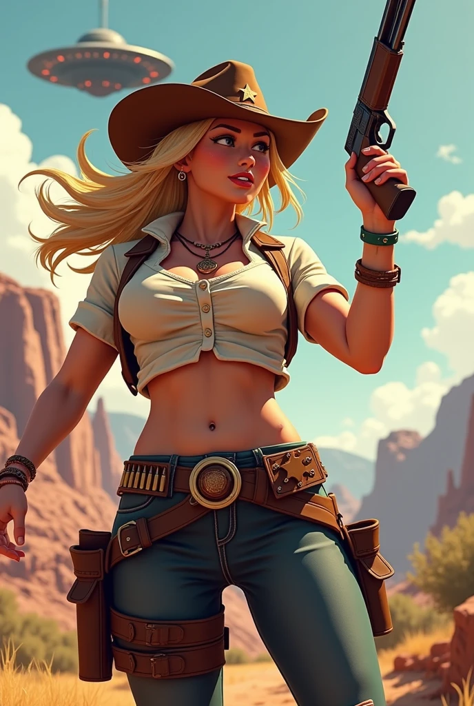 Very detailed and sharp focus, perfect anatomy, masterpiece, award-winning, a beautiful Alafe woman in cowboy costume with gun in desert, western cowgirl, Old West, Art Germ Julie Belbee Ple, Deviant Art Station CGSCOSIETY, Cyberpunk Wild West, Range Murata and Art Germ, Western Gunman, Post-apocalyptic cowgirl