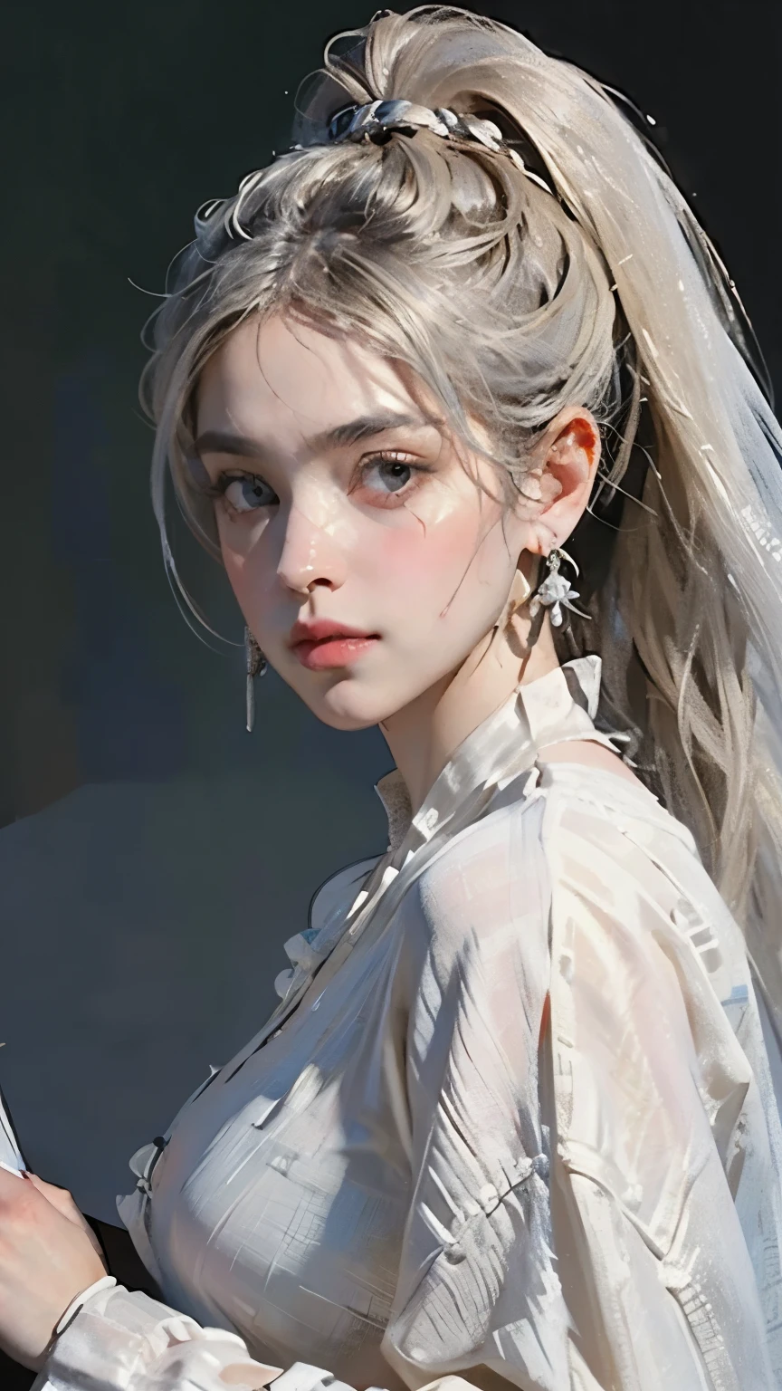 ( top quality, masterpiece:1.2),   ultra high resolution,  realistic ,  Front Lighting ,  complex details,  Exquisite Details and Textures ,  1 girl , Alone ,(young), Face Enhancement,  upper body,  detailed face , Scar bruise, white skin,  Silver Hair,  ponytail,   hair with braids,  watching viewers,  big eyes, silk robe, (Hollow pattern , white, silk),  earrings,  small breasts,  slender body ,  luxury room ,   professional writing  ,  photon mapping, radiocity,  Physically Based Rendering,