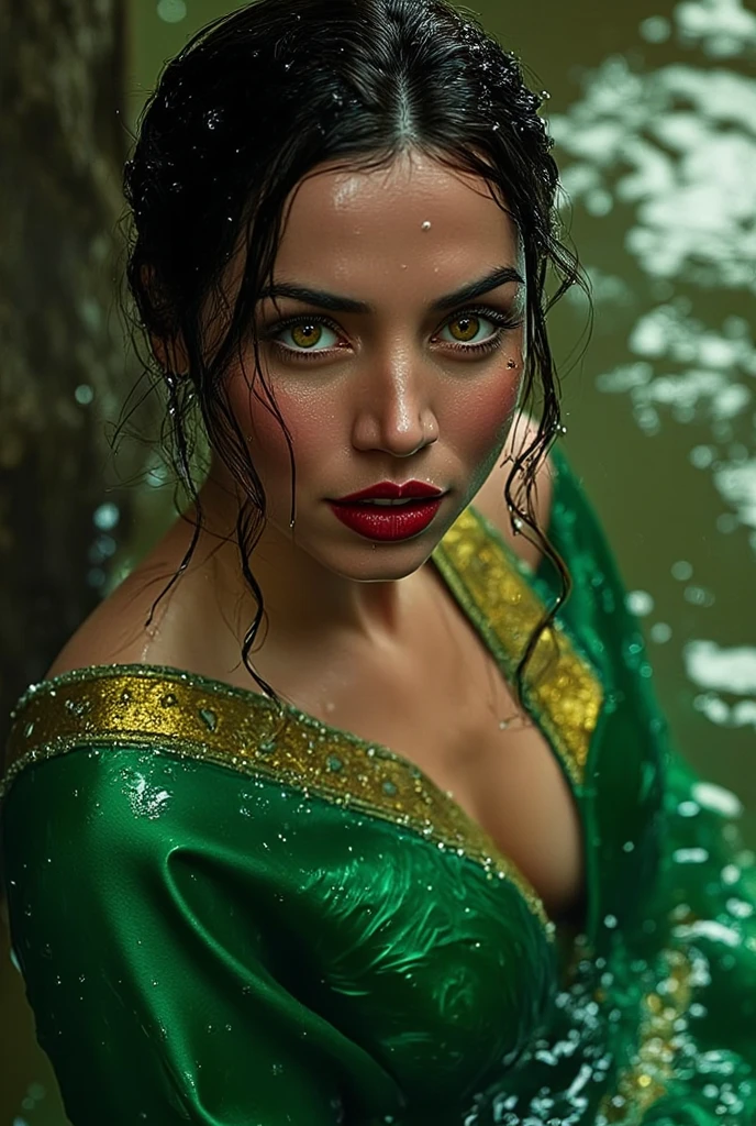 Red lips nose ring wearing hot green saree bathing wetted 