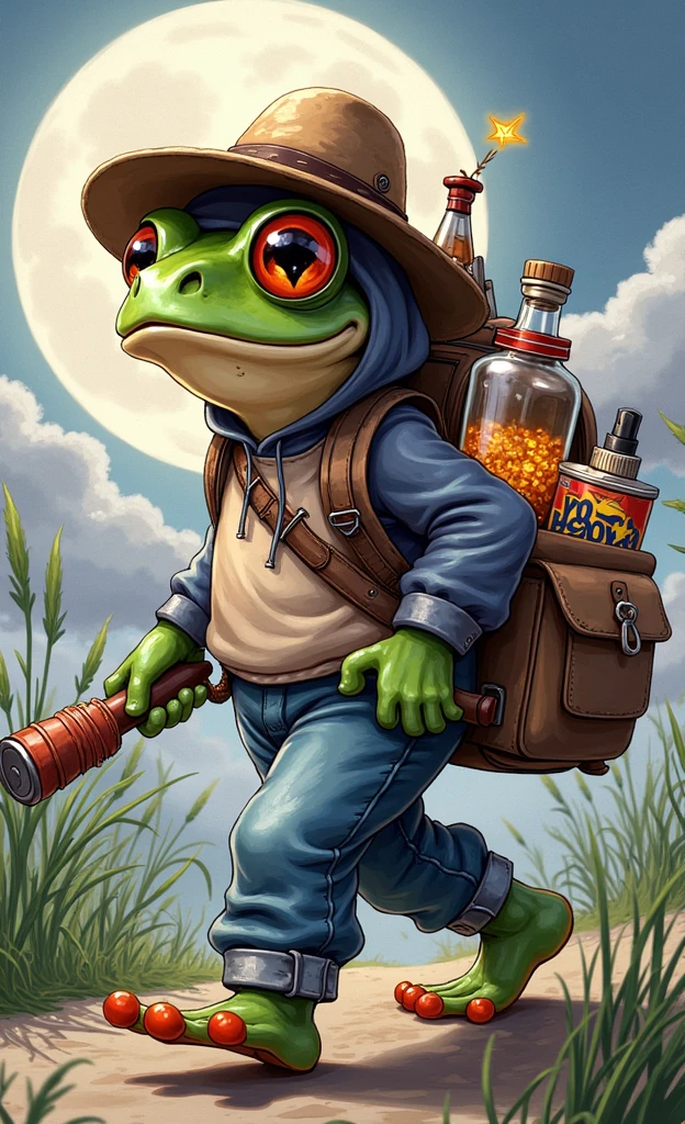  A wandering frog wearing a hat and pants .  He wears a backpack where he keeps a bottle full of fireflies ,  in her backpack she also holds a fly swatter and an insecticide spray. She is accompanied by a dragonfly . in the background the moon, faint clouds and reeds . (8K) (hdr)