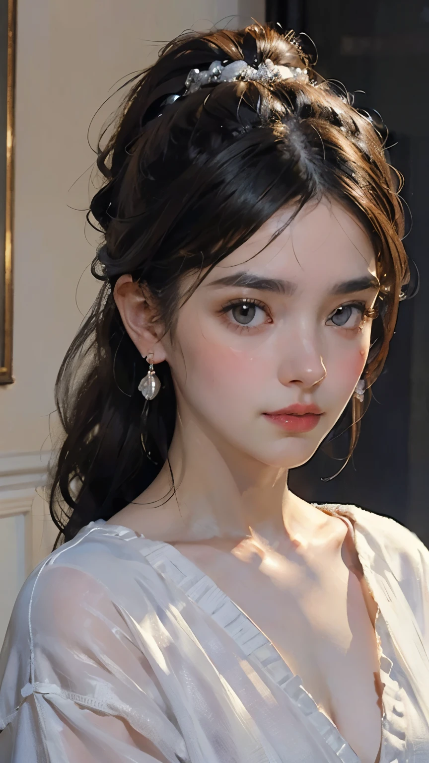 ( top quality, masterpiece:1.2),   ultra high resolution,  realistic ,  Front Lighting ,  complex details,  Exquisite Details and Textures ,  1 girl , Alone ,(young), Face Enhancement,  upper body,  detailed face , Scar bruise, white skin,  Silver Hair,  ponytail,   hair with braids,  watching viewers,  big eyes, silk robe, (Hollow pattern , white, silk),  earrings,  small breasts,  slender body ,  luxury room ,   professional writing  ,  photon mapping, radiocity,  Physically Based Rendering,