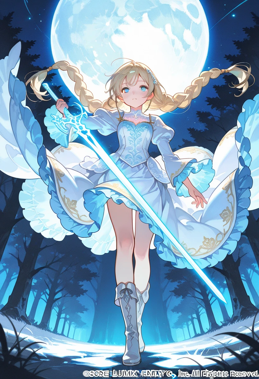 Medieval fantasy, watercolor painting style, ethereal night setting, full moon in background, glowing sword, girl in frilly blue and white dress, delicate lace patterns, soft flowing fabric, blonde hair in twin braids, innocent expression, mystical atmosphere, sparkling night sky, deep forest background, soft luminescent blue lights, detailed embroidery, fantasy character design, dynamic low-angle perspective, boots, intricate sword design, soft pastel colors, magical energy, high quality illustration, timeless fairytale style
