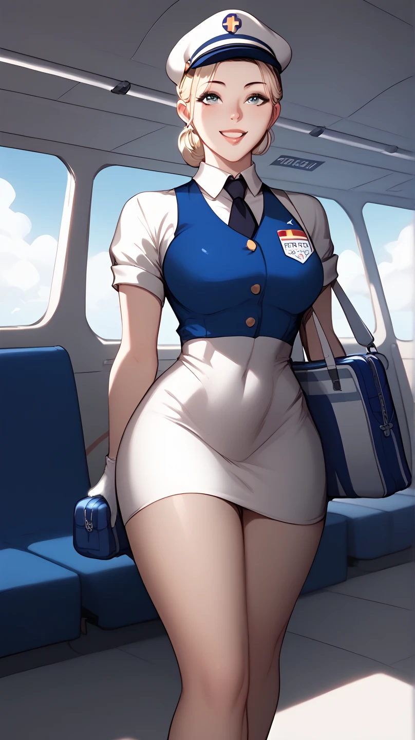 A beautiful female airplane hostess, standing inside the plane aisle seat, greet with a smile 