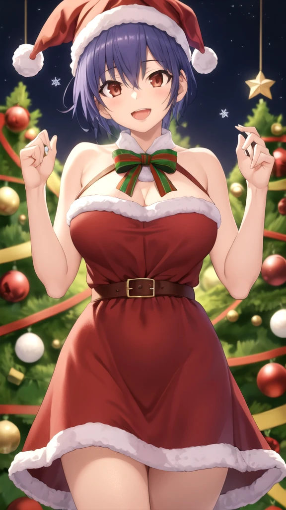 masterpiece, best quality, high quality, girl, solo, looking at viewer, itsuka_shidou, large breasts, merry christmas Dress, standing, smile, open mouth,