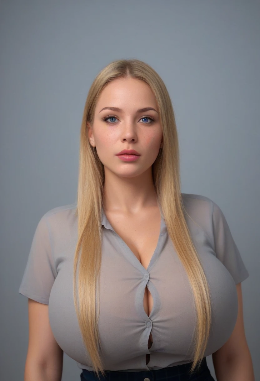 Curvy blonde girl staring, gray oxford blouse, thicc, busty, very wide hips, hyper-realistic, gigantic breasts , growing breasts, bursting through the blouse, blouse buttons popping off, blonde hair, freckles, bodybuilder, button gap, schoolbook photo, tiny waist, gigantic breasts, 