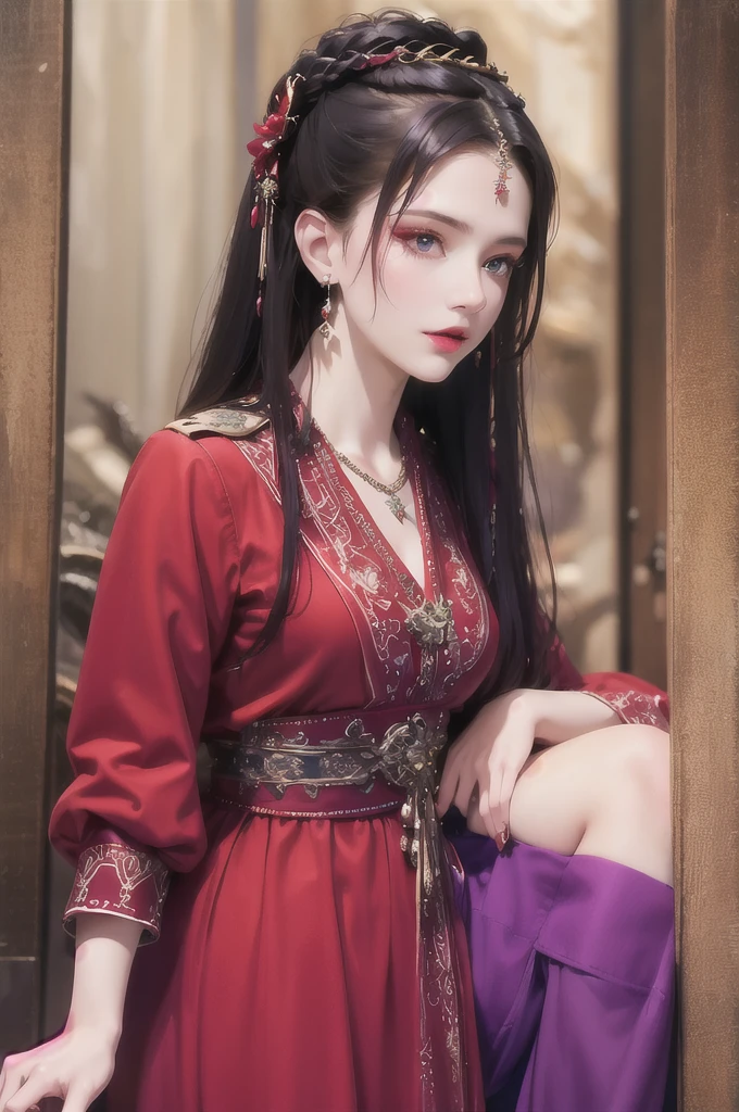 best quality, masterpiece, highres, official art, extremely detailed cg unity 8k wallpaper, 1girl, long hair, jewelry, hair ornament, realistic, (((purple top and purple dress))), (((dark purple))), necklace, full body