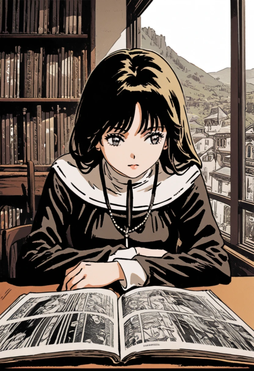  She is sitting facing the window , It&#39;s in a Library, She is wearing a nun's outfit ,  short black hair,  manga art style , black and white drawing, details, Harmony,  she has two arms on the table while looking out the window,