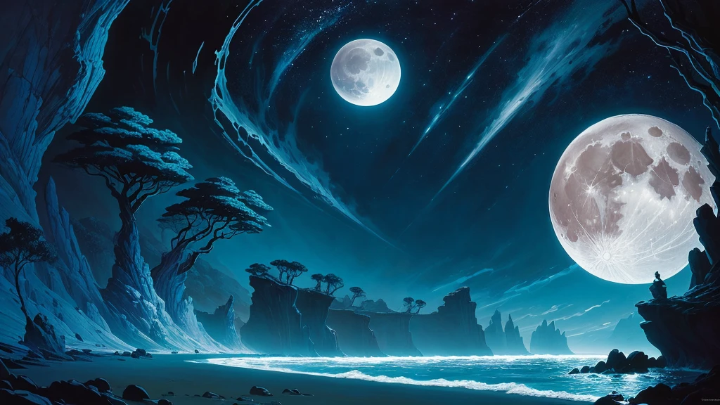painting of a full Moon over a beach with rocks and trees, an airbrush painting by Eyvind Earle , deviantart, fantasy art , michael whelan e gustave done , micheal whelan, “Chris Moore”, michael whelan e gustave dore, wayne barlowe pierre pellegrini, darrell k doce, art by Michael Whelan, moonlit ocean , you were wrong , dazzling outer and shadows