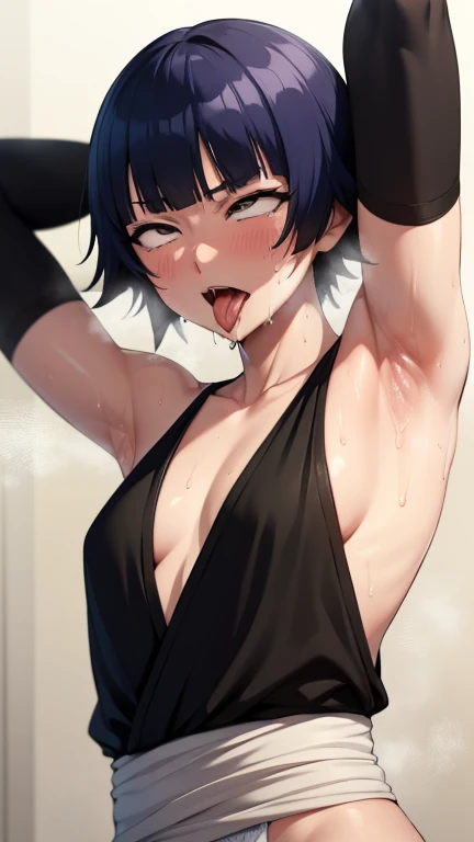 a picture, inspired by Kentaro Miura, trending on pixiv, soifon from bleach, black uniform, favorite scene, fine details, skins, sweating, small breasts, both hands raised, armpits, armpits visible, dripping with sweat, more more sweat, sweaty armpits, smile,open mouth,stick out tongue, Drooling,sleepy, White eyes, 