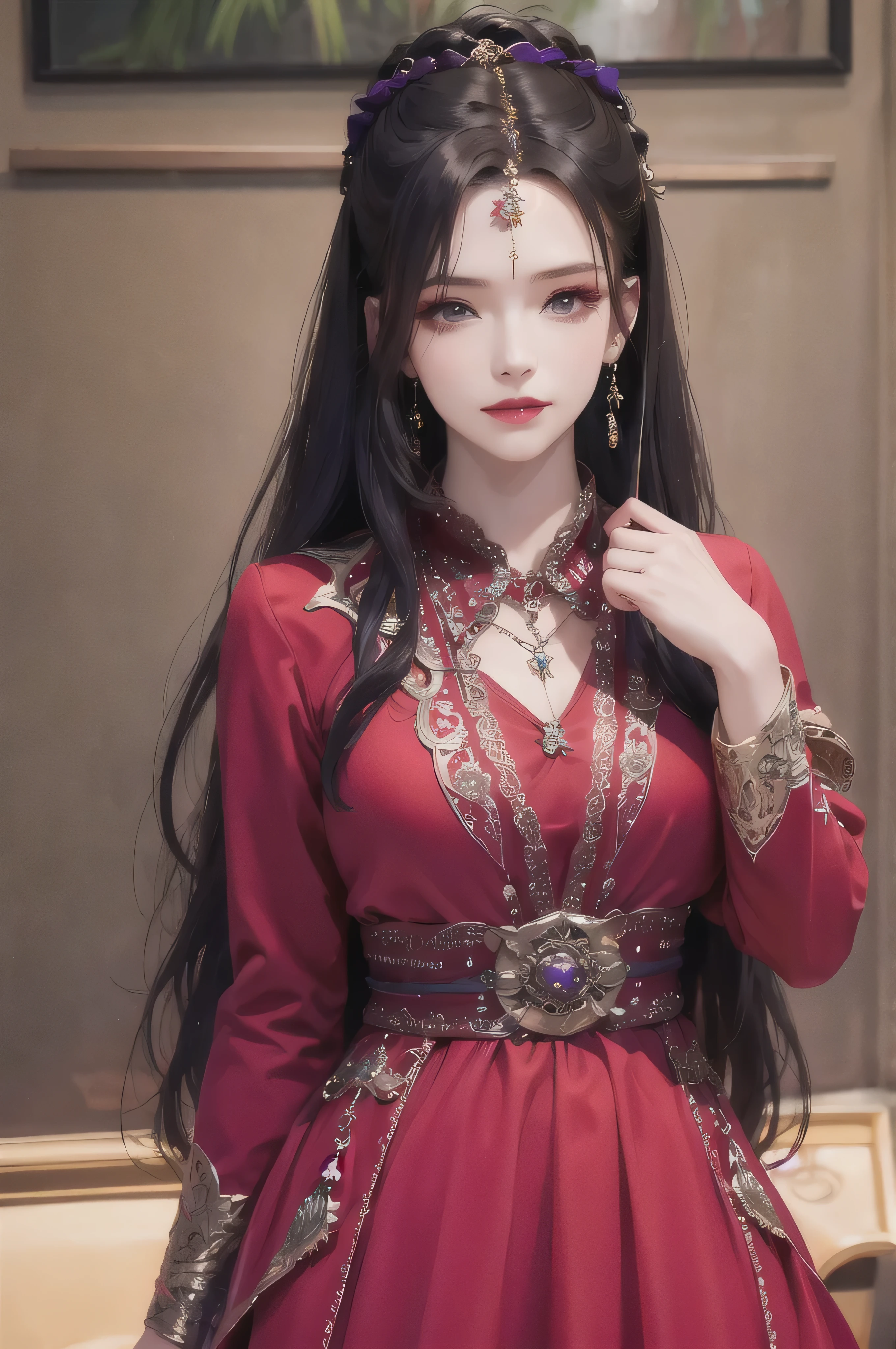 best quality, masterpiece, highres, official art, extremely detailed cg unity 8k wallpaper, 1girl, long hair, jewelry, hair ornament, realistic, (((purple top and purple dress))), (((dark purple))), necklace, full body