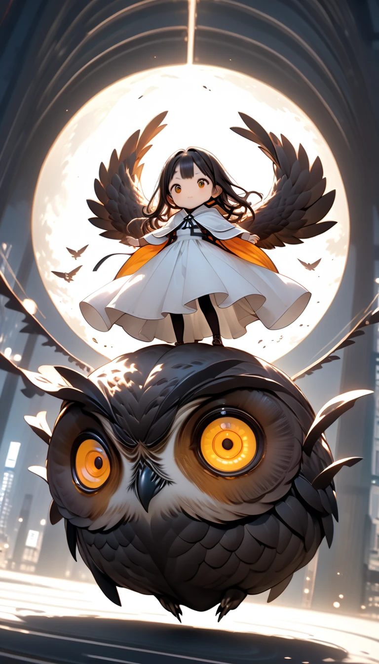 Girl riding a giant owl rapidly descending , Hzk,   Ultra Miniature Girl  , 