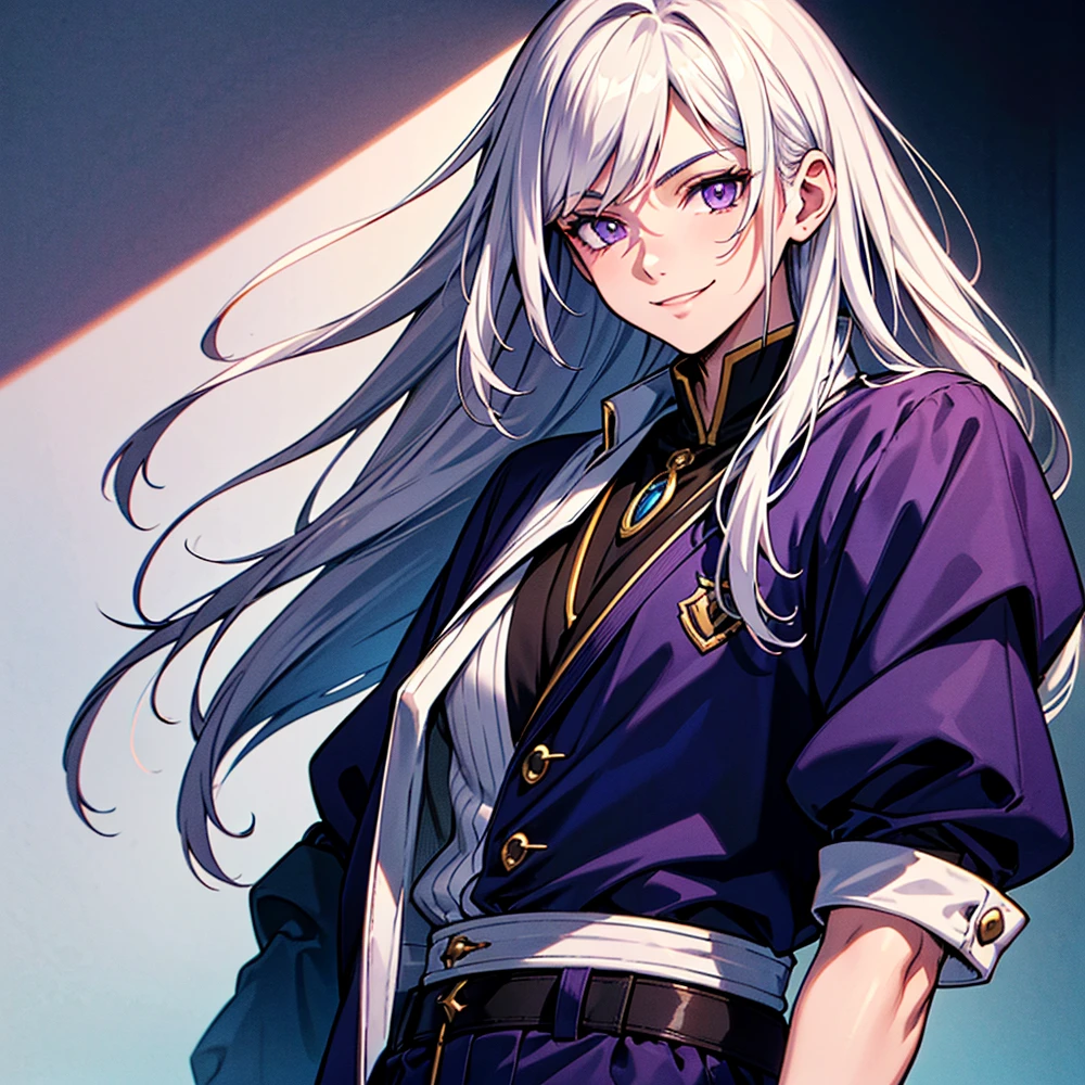 Teenage boy alone with long white hair, purple eyes ( Cain Von Silford ),  With a smiley expression ,  wearing a noble English outfit with the colors dark blue and white, Front view photo ,  focus on the character ,  upper half of her body ,  ultra detailed ,  better lighting ,  best shadows , image with the best quality.