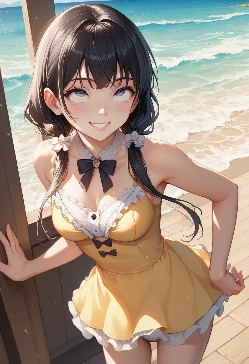 Very cute and beautiful girl standing near the window, (Yellow checked summer dress with fine frills), Sleeveless,Fine lace,( rolling up her skirt , white panties), (  very detailedな美しい顔 ), Beach ,Wooden water cottage, cowboy shot,(smile),, watching viewers, low twin tail, black hair, ( top quality,masterpiece:1.0), absurd, high definition , Ultra Details , very detailed,32K,8k resolution,  Intricate Details  , Cinematic Scenes , detailed background,Alone, dynamic angle,  natural light,Particles of light,  beautiful detailed sky  , realistic ,