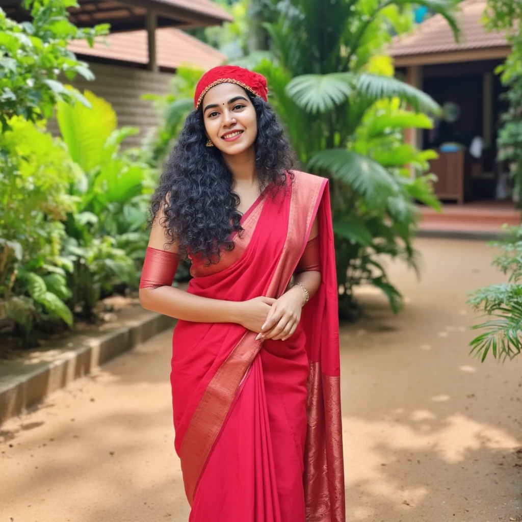 Photo of Kerala  mallu female with fair Indian skin tone and black long hair. chubby hourglass body figure and big breast.Wearing kerala christmas red sleeveless saree andsleeveless blouse and chritsmas hat in kerala outdoor. Full size photo.big breast.Detailed photo. Realistic photo. Photo taken in nikon camera.face looking straight.