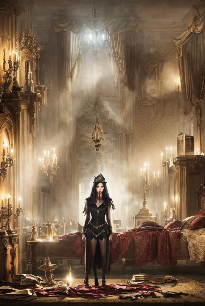 ((RAW Photo), absurd, (absurdresolution)), masterpiece, best quality, (Extremely detailed 8k unity CG wallpaper), (best illustration), (best shadow), Realistic lighting, beautiful detailed glow, ((21 years old)), girl, long black hair, black queen, accessories, apple in hand, poisoned apples, witch queen, red lipstick, (((Photographic Perspective of her)))