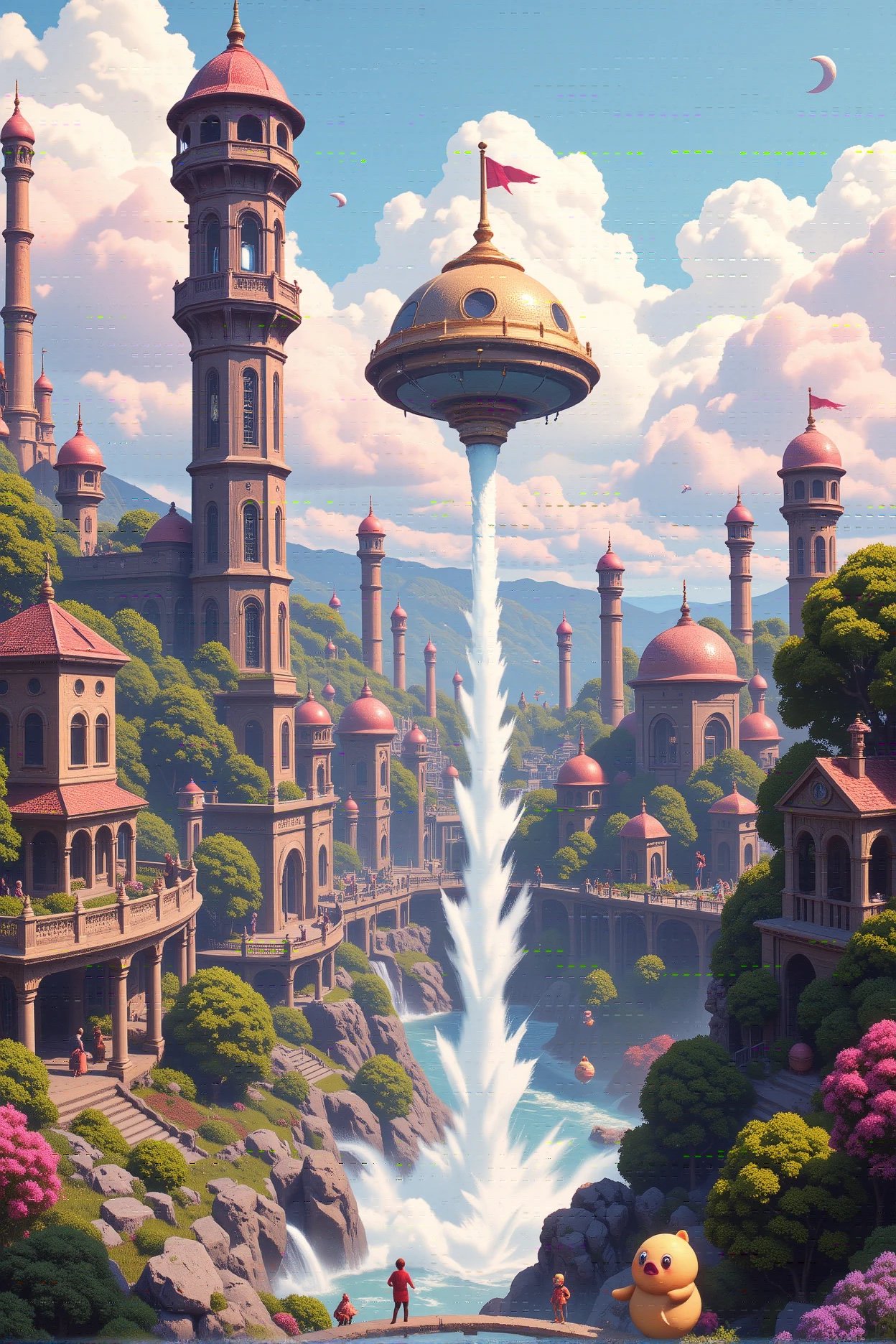 A pastel-colored, mysterious fantasy art piece featuring a theme park attraction where you plummet straight down and spin around, ultra detailed, absolutely resolution, masterpiece