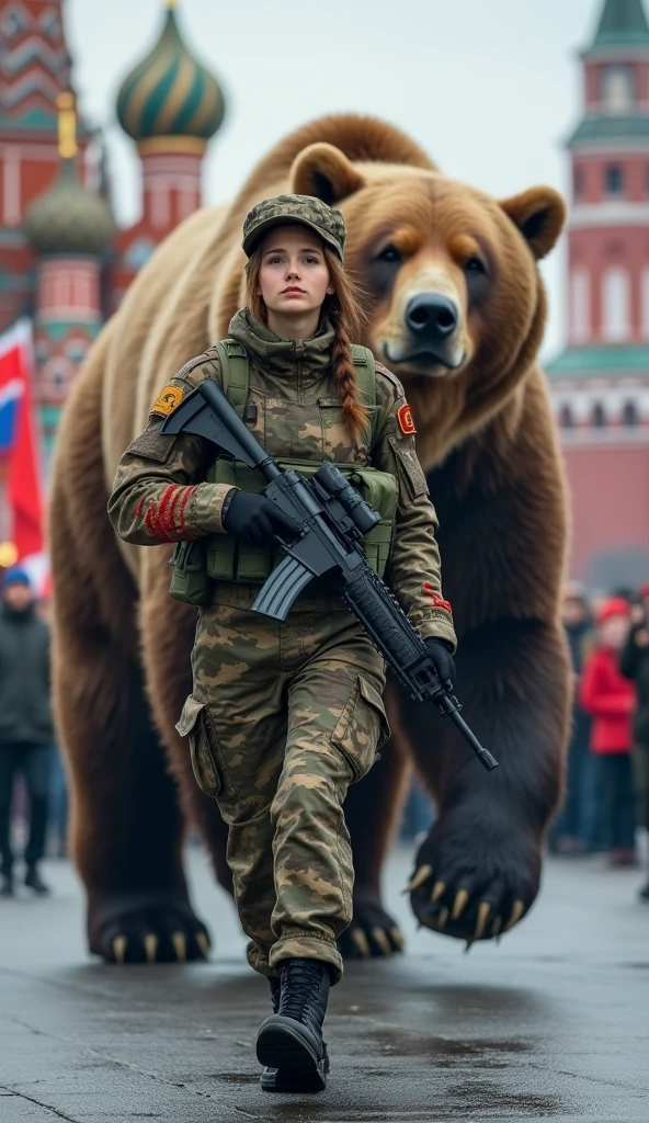 In Moscow, on the immense Red Square, a young soldier of the Russian Armed Forces parades in a rugged military combat uniform, adorned with red and gold details, and equipped with a state-of-the-art assault machine gun. She walks with confidence and a firm stance. Behind her, a gigantic grizzly bear lumbers along, its sharp claws touching the ground with each movement. The bear appears peaceful, but its massive presence impresses everyone around it. The Russian public, with festive costumes and flags in hand, vibrates intensely while patriotic songs play at high volume, and the lights of the square create a scene of great spectacle and emotion.