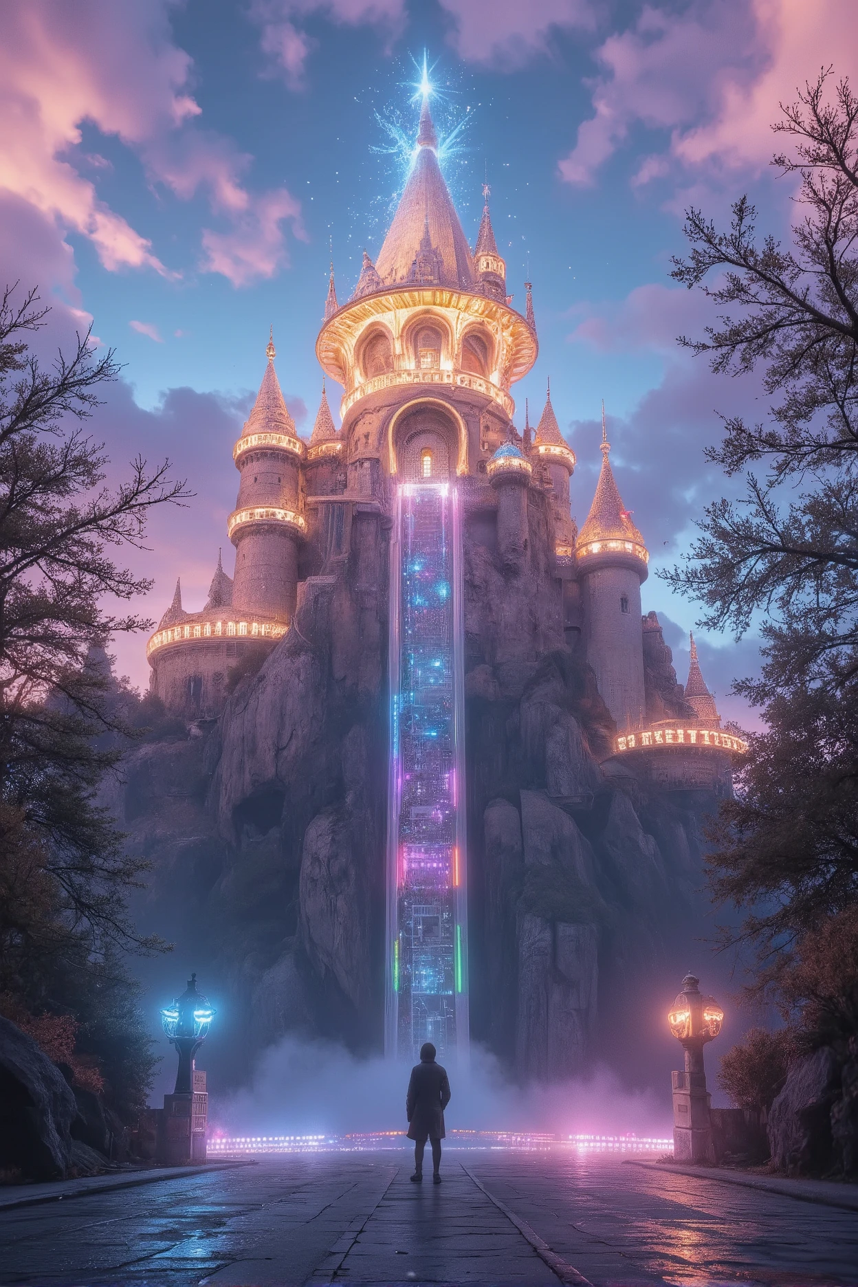 A pastel-colored, mysterious fantasy art piece featuring a theme park attraction where you plummet straight down and spin around, ultra detailed, absolutely resolution, masterpiece