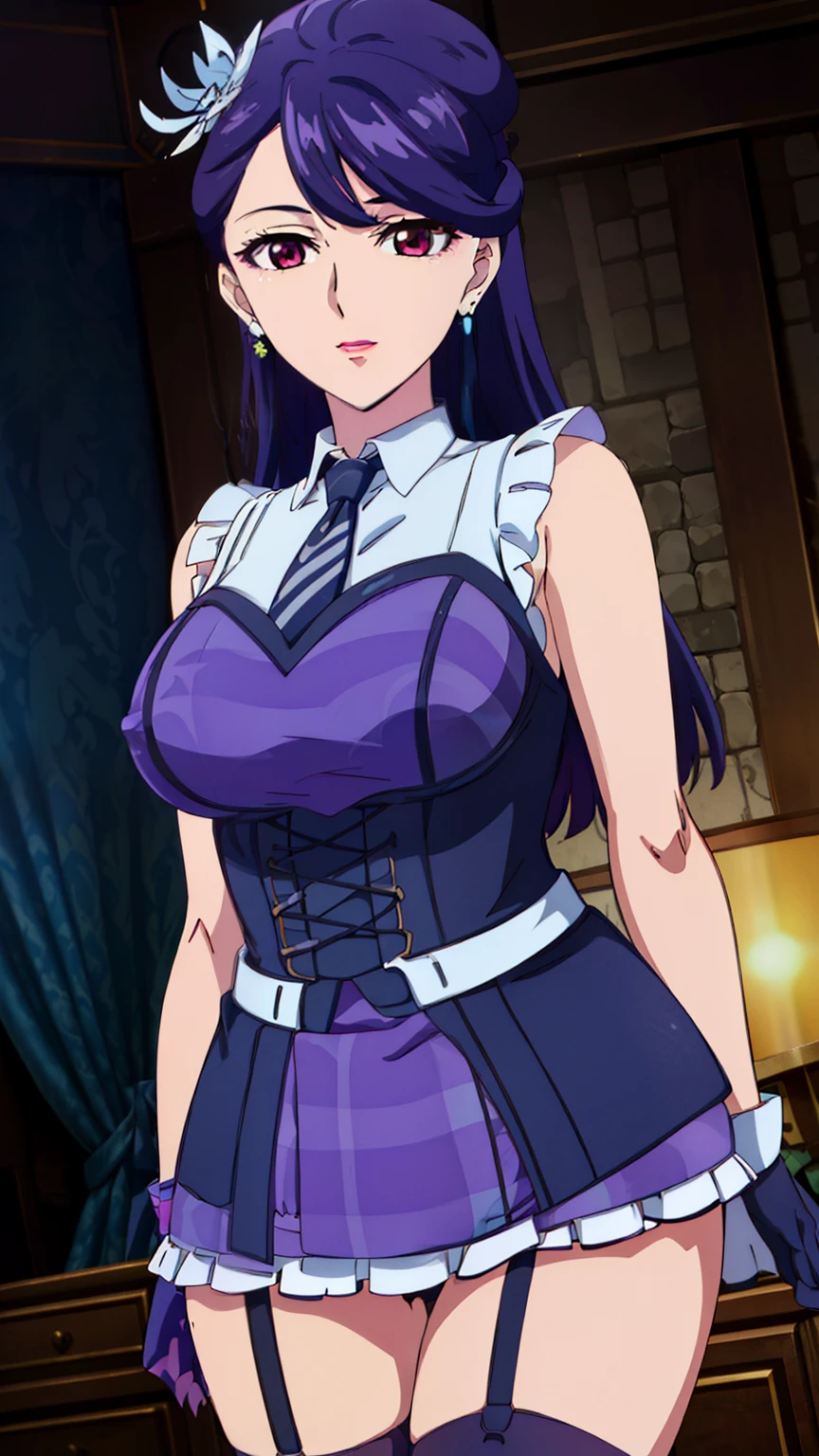 rifa,1 girl, (purple eyes, purple hair), bangs, long hair,(nsfw, plaid, black necktie, sleeveless dress, corset, arm strap, black gloves, black thighhighs, striped thighhighs, garter straps), 
20 years, young woman, beautiful long legs, beautiful body, (big breasts:1,0), 
beautiful nose, beautiful character design, perfect eye, perfect face, expressive eye, perfect balance,
View your audience, (Focus on her face), (Innocent_big_eye:1.0),
Anime art style, Dynamic Angle, Official Art, Very detailed CG Unity 8k wallpaper, Perfect lighting, colorful, bright_front_face_Lighting, White skin,
(masterpiece:1.0),(Highest_quality:1.0), 超High resolution, 4K, Very detailed,
photograph, 8k, high resolution, high resolution, (Absurd:1.2), Kodak Portrait 400, Film Grain,  Lens flare, (Vibrant_color:1.2), Professional Photograph,
(cowboy shot:1.4),