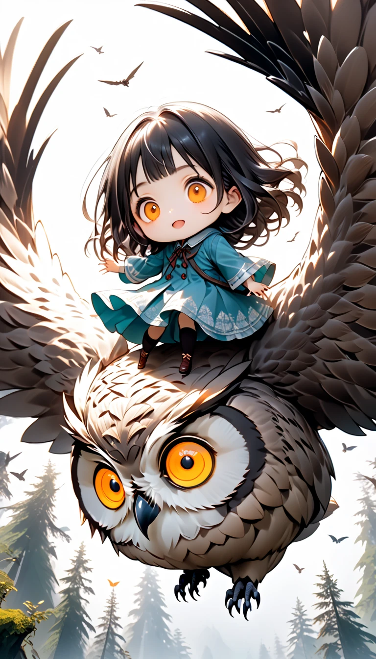 A girl clings to a giant owl rapidly descending from above , Hzk,   Ultra Miniature Girl  , 