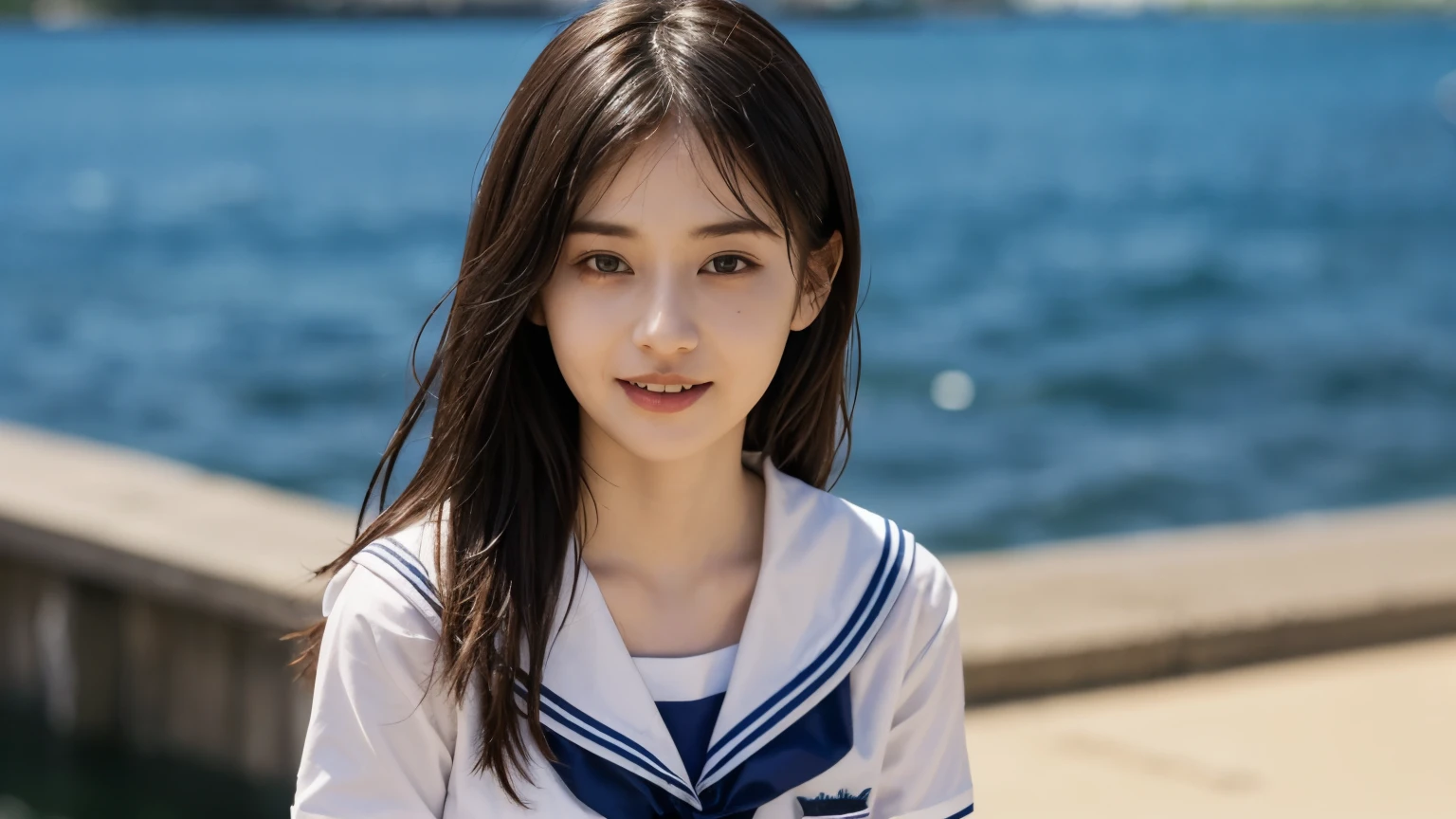 yard、Cheerfully、smile、skip、Teenag Japanese Realistic 10 generations Background Blur、Sailor suit、blue sky