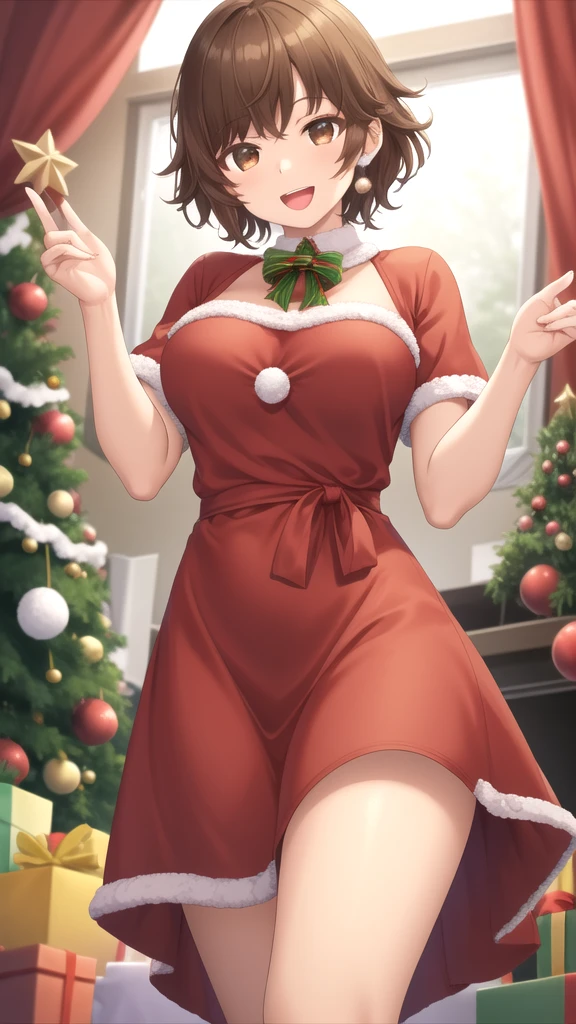 masterpiece, best quality, high quality, girl, solo, looking at viewer, kogure_kawanami, brown hair, brown eyes, large breasts, merry christmas Dress, standing, smile, open mouth,