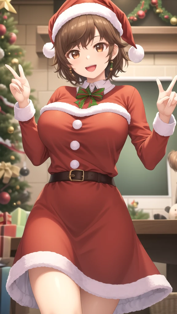 masterpiece, best quality, high quality, girl, solo, looking at viewer, kogure_kawanami, brown hair, brown eyes, large breasts, merry christmas Dress, standing, smile, open mouth,