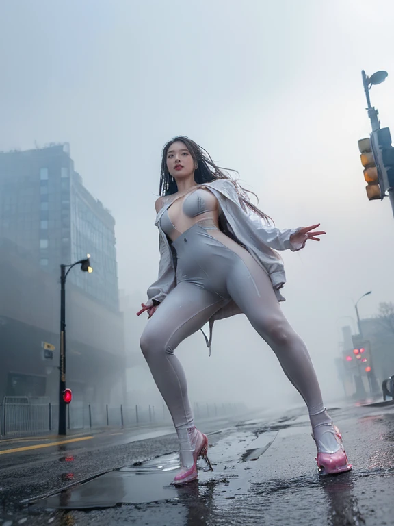 (1 plump girl, ),looking at viewert, (Colorful) Long gray hair, picture-perfect face,floated hair,(Photo studio),Constructive style,(tmasterpiece, top) Professional quality artwork, famousartwork,HighDynamicRange,hyper HD,8K,(legs long)(On the street:1.5),(raining day) (Soaked:1.5)(thin fog:1.2)(Soaked）(rained:1.3),(NSFW:1.5)(clothes wet:1.5)（tightsuit）(closeup cleavage)（NSFW:1.5）(from below:1.5)