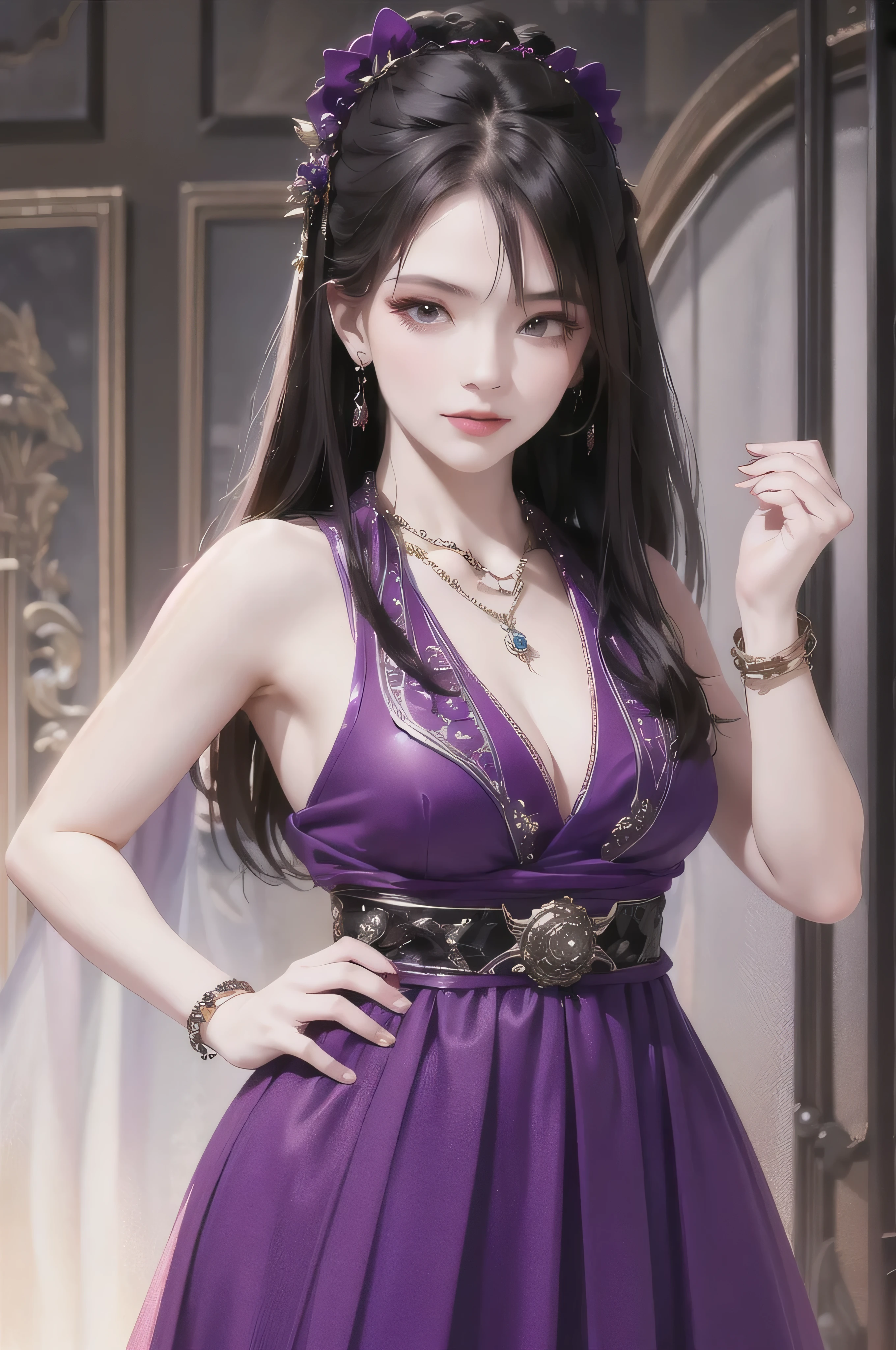 best quality, masterpiece, highres, official art, extremely detailed cg unity 8k wallpaper, 1girl, long hair, jewelry, hair ornament, realistic, she's wearing a beautiful dress in purple color, (((purple top and purple dress))), (((dark purple))), necklace, full body