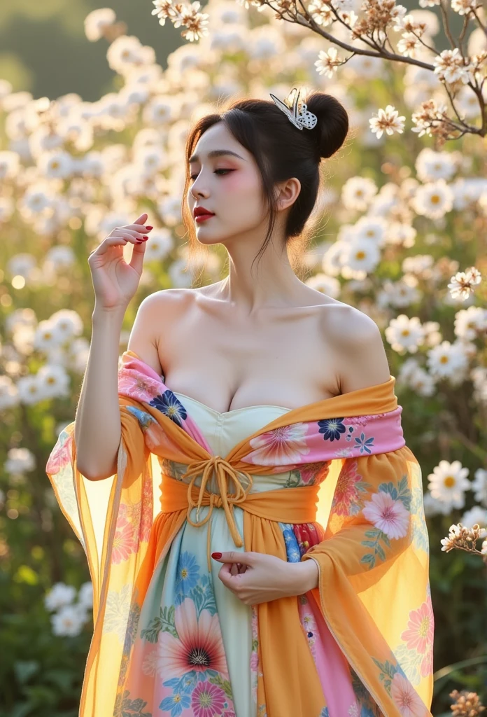 Low angle shot of beautiful so sexy Japanese woman walking pose, white skin, wave bun hair, small breasts, very loose deep colorful Hanbok flower printed, bare shoulder, a butterfly on hair, short pants, no buttons, bares skin, clearly revealing a beautiful, no underwear, bare shoulders, tilt face up, raise hand, hand to hold the collar of Hanbok, morning sunrise, rim light, vintage flowers background, Gigapixel image, perfect small breasts with a beautiful neck, the overall mood of the image is sensual and gorgeous. Busty, curvy, Windy, intricate detail, romantic scene, heavy shadow, highly detailed, intricate, innocent, illuminated, fine detail, clear, aesthetic, stunning, presenting in a professional and elegant manner.  natural makeup that enhances her features, with a focus on clear skin and a subtle glow. 