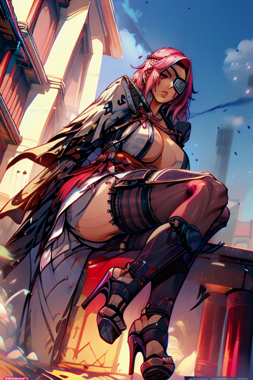 (masterpiece:1.3),(Very detailed:1.3),(High resolution:1.1),Best Quality,ultra-detail,1 girl,Alone,jelobaiken,breasts enormes, (((Amputated,amputee,one arm,eye patch,eye patch,one-eyed, sexy,black jacket,black kimono,open clothing,japanese clothes,wad of bills))), (Obra maestra1.3), Mejor calidad, absurdos, alta resolución, fondo de pantalla extremadamente detallado, Iluminación perfecta, pink eye, ((castillo, vista del castillo, outdoors, de noche, noche, at night)),(((breasts, breasts, huge breats, pink hair, tacones, high heels, stockings, black stockings)))