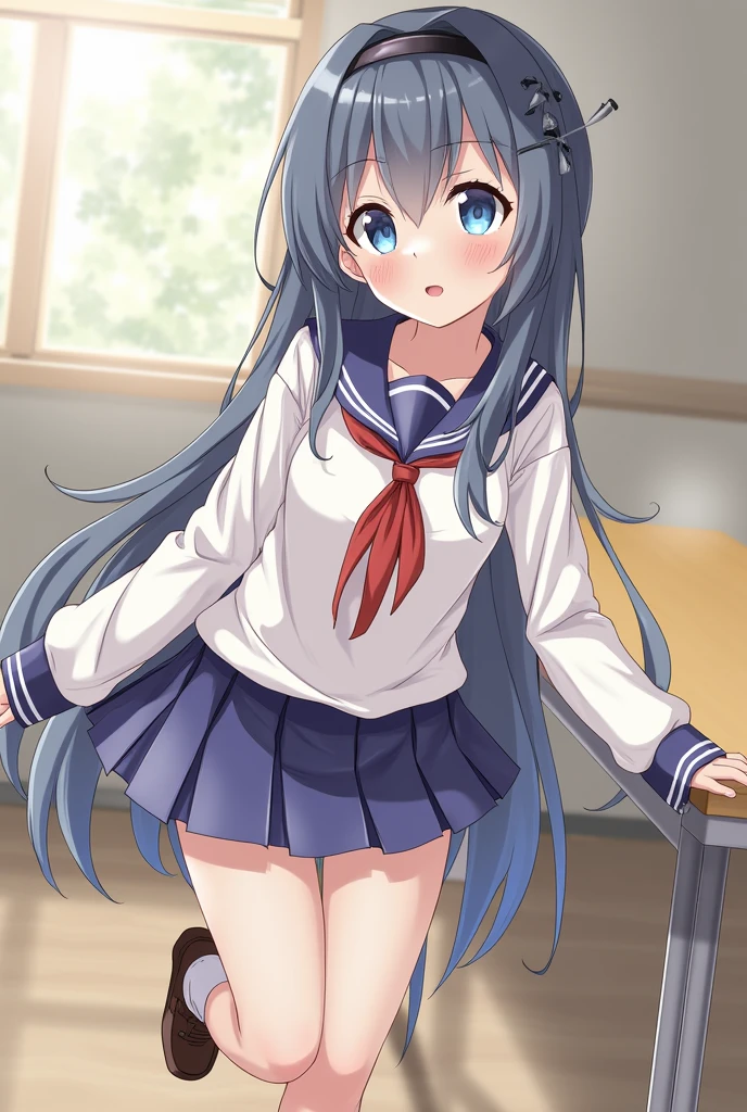 Cabello largo plateado, ojos verdes, headband, teacher clothes, small breast, sonrisa, happy, muslos hermosos, inside house