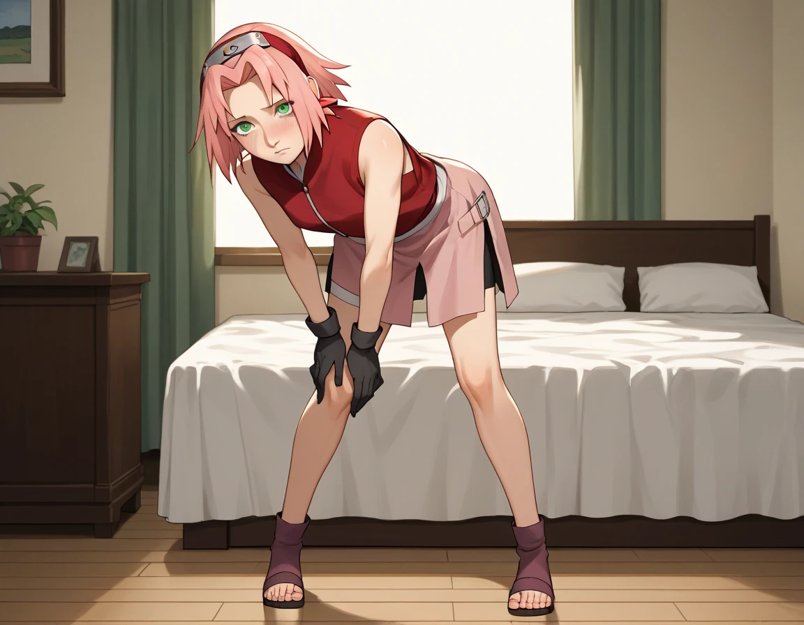 score_9, score_8_up, score_7_up, score_6_up, score_5_up, score_4_up, BREAK, source_anime,
1girl, haruno sakura, pink hair, short hair, green eyes, sleeveless, red shirt, forehead protector, beautiful legs, black gloves,
pussy, bottomless, full body, solo, perfect body, beautiful body, konohagakure background, on bed, shy face, standing, leaning forward