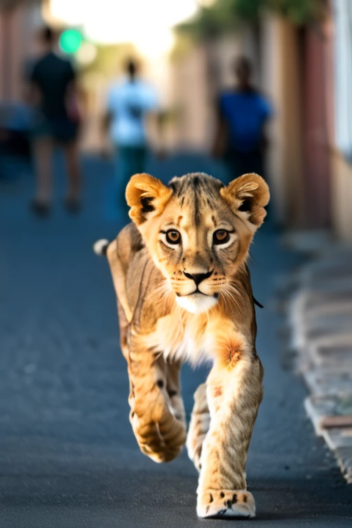 Young skinny lion roaming the streets