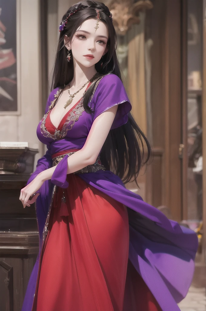 best quality, masterpiece, highres, official art, extremely detailed cg unity 8k wallpaper, 1girl, long hair, jewelry, hair ornament, realistic, she's wearing a beautiful dress in purple color, (((purple top and purple dress))), (((dark purple))), necklace, full body