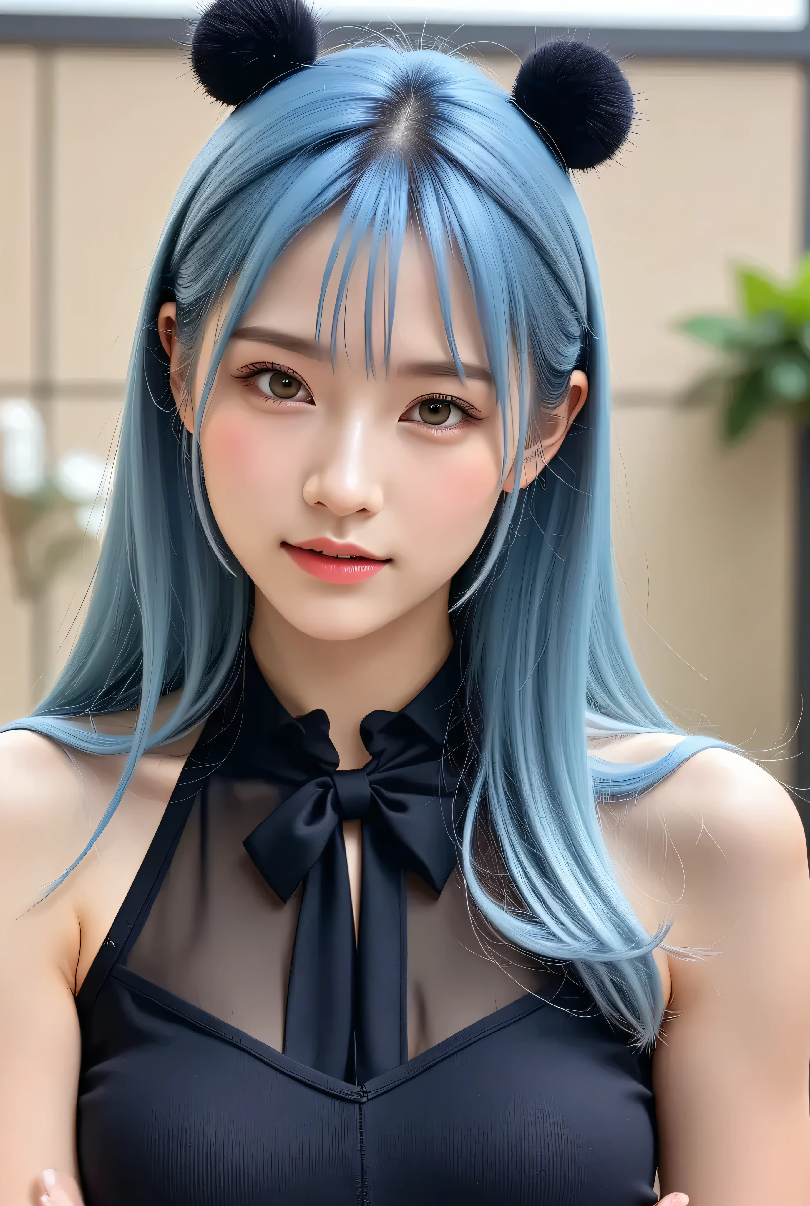 (masterpiece, best quality:1.2) light blue slender figure 1girl solo high resolution medium hair huge chest big giddy smile garden笑っている,  Big Breasts ,  panda ears ,  Shortcut,  textured skin, underwear　whole body