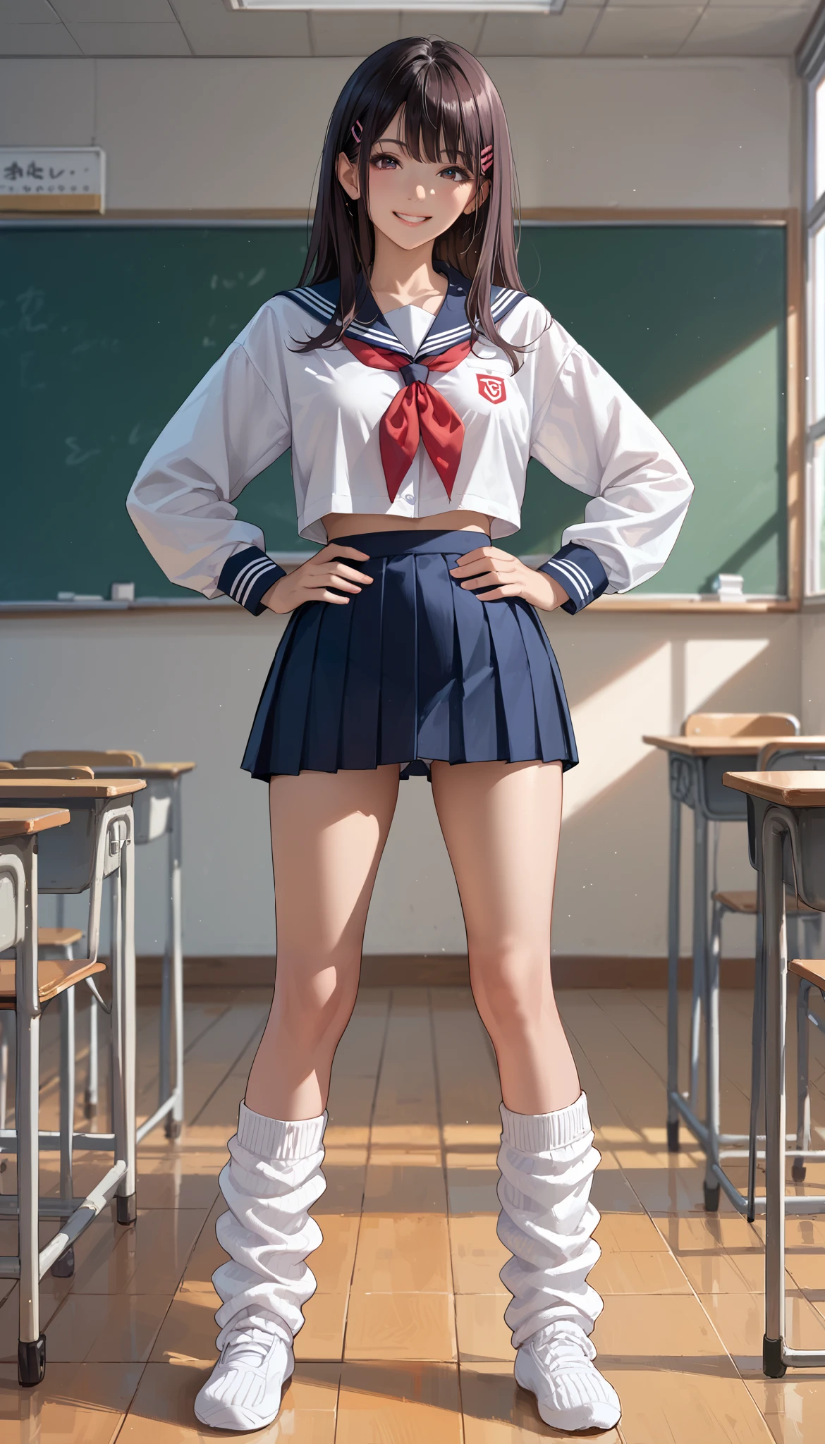 (( high school girl))、  school uniform、 sexy panties, (( full body shot )),(( standing)),(( Standing with hands on hips))  are wearing loose socks、Japan, HAVE TOO EXPOSED SKIN ,smile、 school classroom,