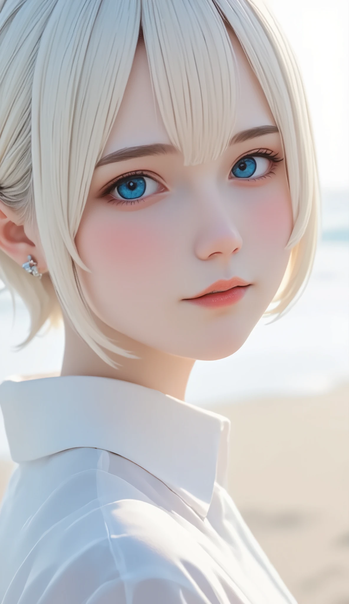 Blue-eyed blond girl standing on the beach in winter, Anime.  soft lighting , Anime girl in real life,  guweiz style artwork, photorealistic Anime girl render, beautiful Anime portrait,  soft portrait shot 8k , hyper realistic Anime, stunning Anime face portrait, White Hair Girl, realistic Anime 3 d style, Girl with short white hair