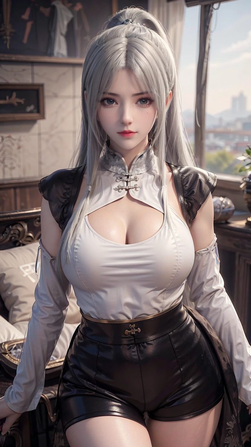 ，Close-up of miss wearing white mask,  Beautiful Figure Painting , Gu Weiss,   Gurwitz Style Artwork  , White-haired god, author：Yang Jie,  Epic Beautiful Figure Art ,   Extremely fine CG8K wallpaper  , author：Fan Qi, by Wuzhun Shifan,   It has a unique texture  , Single ponytail, insult, High Ponytail,  tall and big, Long Legs, (Sleeveless lace shirt), ( shorts), (stripe )), ((stripe )), Walk, Elegant, dignified, miss, Beautiful curves,  sweet smile , 细节感和层次感很强, color丰富绚丽,  has a unique texture , rich and colorful, color, vivid, Design Art, 16K,   super detailed , {{illustration}}, { Extremely refined}, {Exquisite surface treatment},   super detailed , Delicate and shining eyes, {{Light}}, 极致Light效果, Model:  illustrion , CFG size: 12, Laura: Bright texture (1.35),  high quality , masterpiece,  Delicate facial features ,  delicate hairstyle depicting , Detailed depiction of the eyes, masterpiece,  best quality, Light线追踪,   extremely detailed CG uniform 8k wallpaper , masterpiece,  best quality, ( 1 girl), 完美miss身材, (((Tight white T-shirt))),  ( exquisite face ),  Black Short Hair ,  tie up your hair , Light blue hairpin,  ( white skin), (Optimal Lighting), (  Super Intricate Details  ), 4K Unified, (  super detailed  CG),  showing off her white legs , , Hot Pants,  shorts,Huge breasts