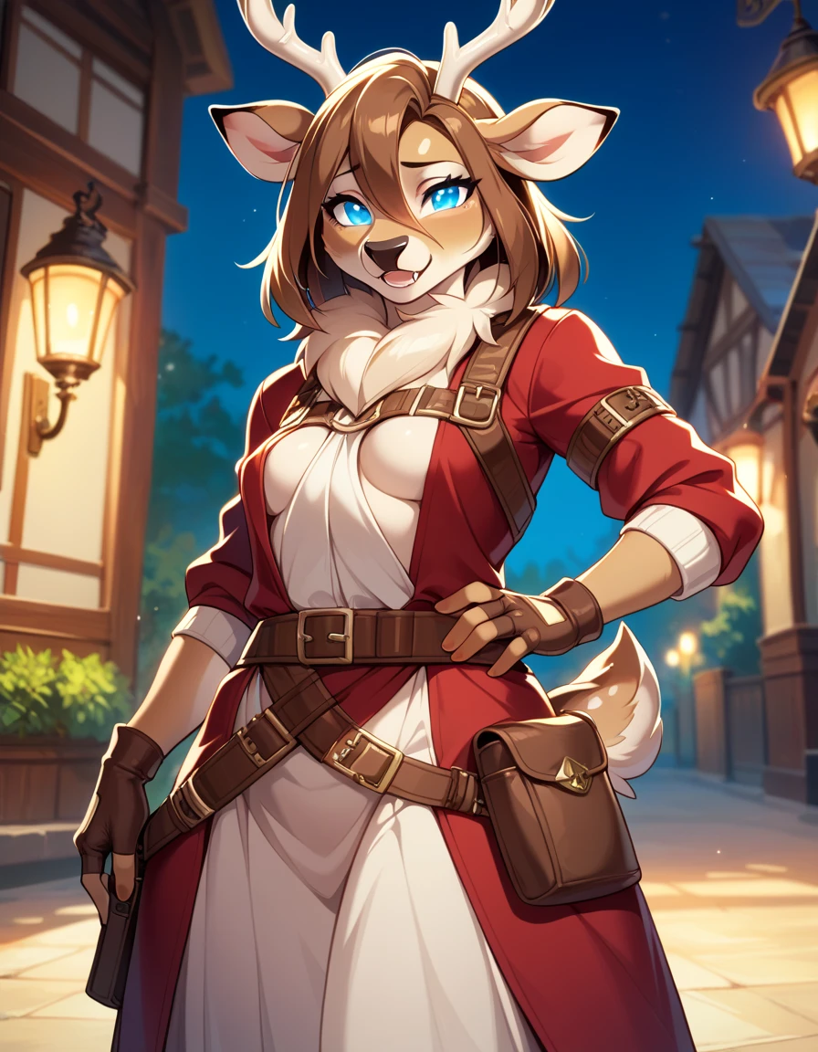 1girl, tail, furry, animal_ears,glowing blue_eyes, brown_hair, belt, looking_at_viewer, furry_female, gloves, deer_tail, sad smile, deer_ears, fingerless_gloves, hair_between_eyes,long skirt, hand_on_hip, snout, breasts, pouch, brown_gloves, deer_girl, fangs, medium_hair, long_sleeves, small_breasts, brown_belt, artist_name, full mage robes 