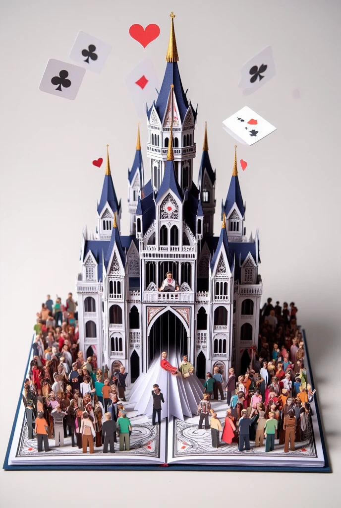 "Create an origami-style image of a crowd tearing down a towering palace made of playing cards. Oligarch figures made of paper stand at the top, crumbling with the structure."

