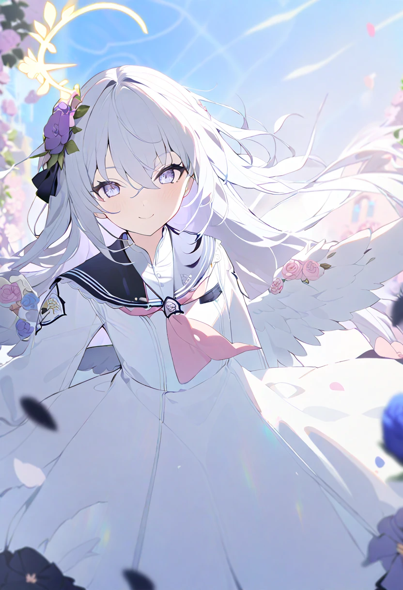 azusa_(blue_archive) absurdres commentary highres 1girl angel_wings arm_at_side ascot assault_rifle black_ribbon black_sailor_collar black_skirt blue_flower blue_rose blue_sky blurry blurry_background blush cherry_blossoms closed_mouth crescent_halo day depth_of_field dutch_angle eyelashes falling_feathers feathered_wings feathers feet_out_of_frame floating_hair flower frilled_sailor_collar frilled_skirt frills grey_hair gun hair_between_eyes hair_flower hair_ornament hair_ribbon halo hand_up high-waist_skirt holding holding_flower holding_gun holding_weapon long_hair long_sleeves looking_at_viewer low_wings m4_carbine outdoors pink_flower pink_rose puffy_long_sleeves puffy_sleeves purple_eyes purple_flower ribbon rifle rose sailor_collar school_uniform serafuku shirt skirt sky smile solo stairs standing tsurime weapon white_shirt white_wings wind wings yellow_ascot yellow_halo smile masterpiece, best quality