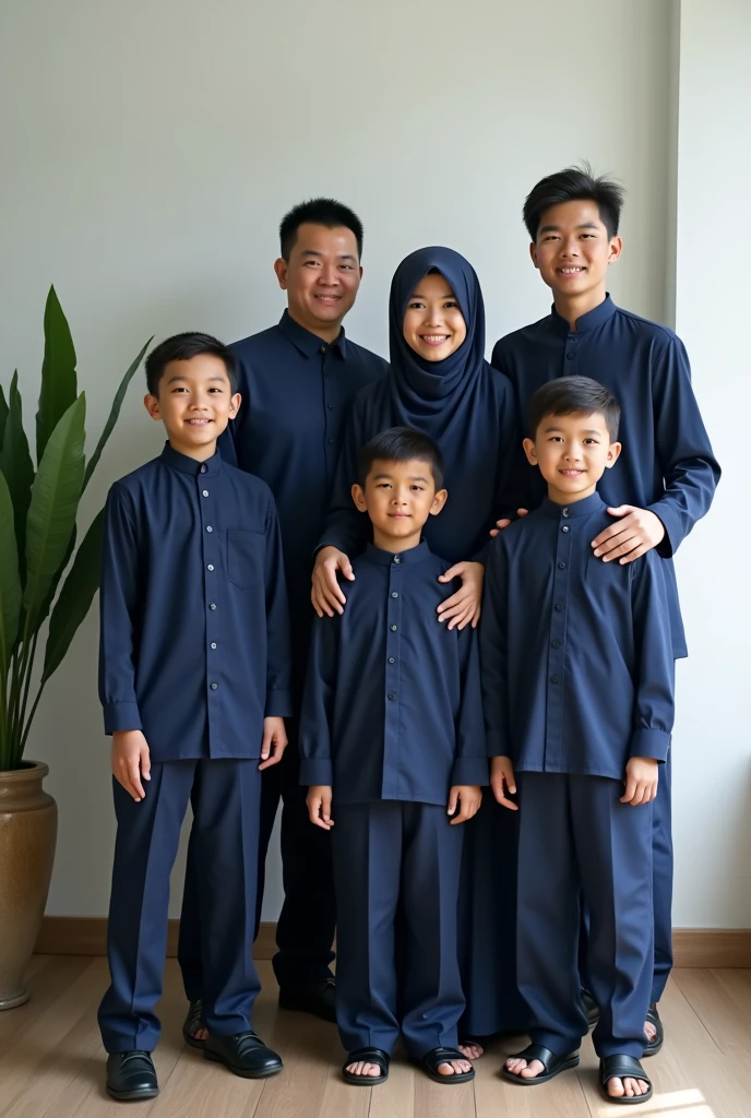 making a realistic 3D original photo, father's family wearing blue t-shirts and sneakers, mother wearing blue hijab kebaya, 2 boys wearing blue t-shirts and sneakers, facing the camera, luxury modern wedding background, 4D, realistic, real, close up photography