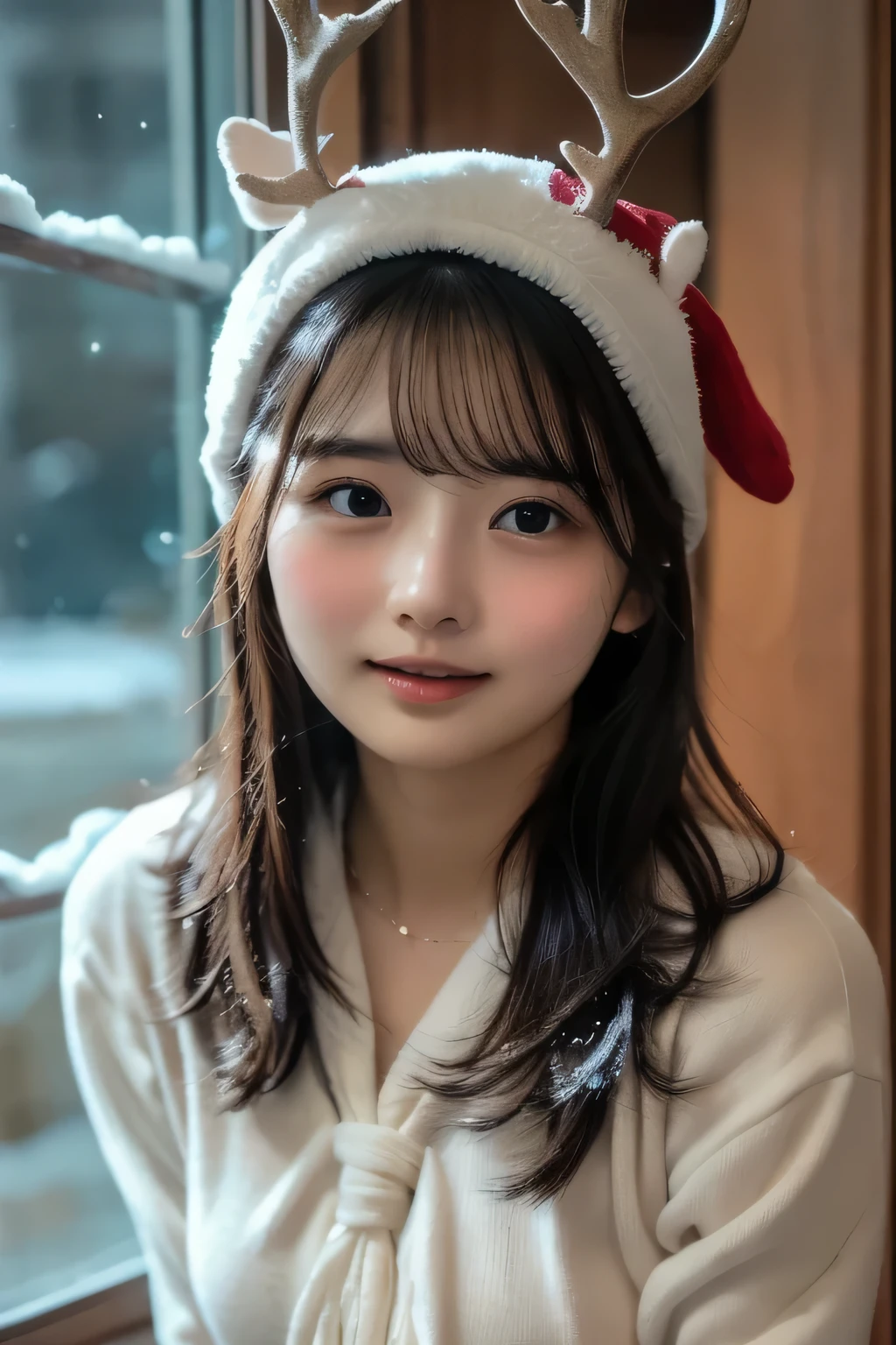   top quality、   super high resolution  、Big Breasts、   perfect face、   beautiful expression   、  facial beauty、     beautiful eyes  、  young woman 、 snow outside the window、cold、 smiles、 Christmas、White Breath、 Fantastic Scenery 、Both hands up、Hands are tied 、Handcuffs、The clothes are see-through、Side view、 reindeer headband