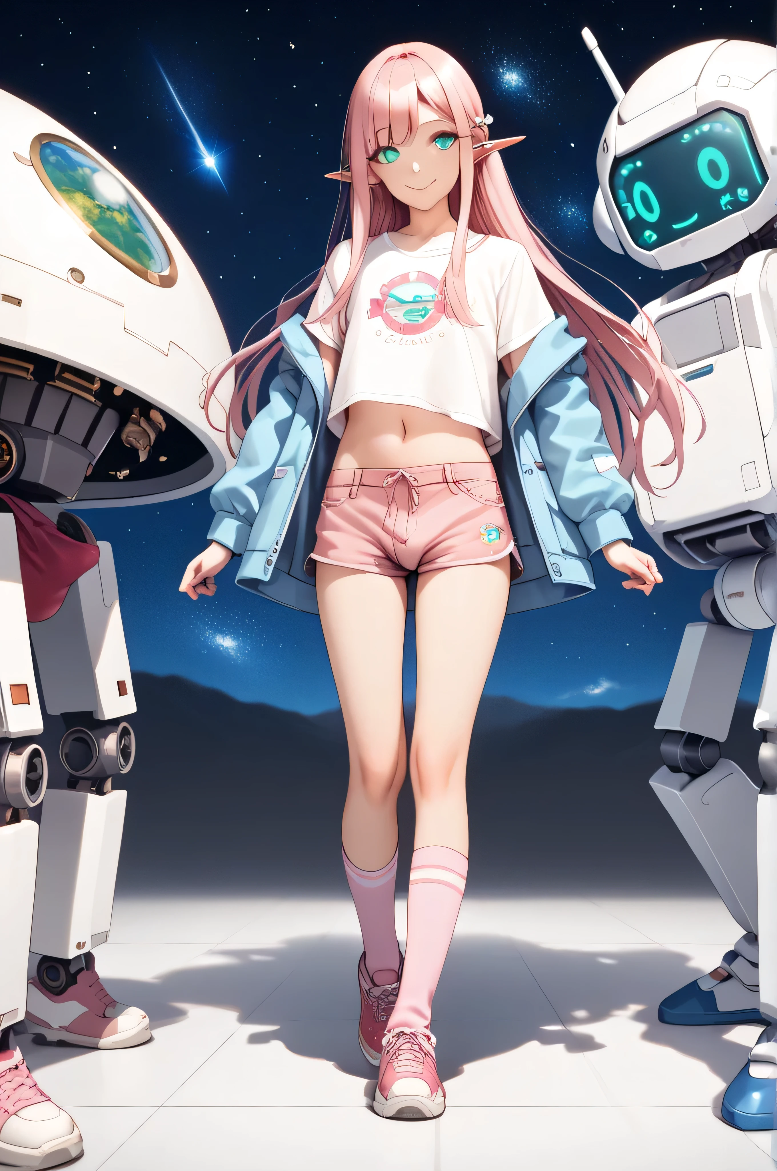 (((best quality))), (((masterpiece))), anime, space station(((a giant robot))), elf, 1 boy, otoko no ko, 23years old, light_pink_longhair, turquoise_eyes, crossdressing, girly, casual jacket, t-shirt, short pants, focus navel, bulge, pink kneehighs, sneakers, space style wear, looking at viewer, non censored, light smile, matured, fullbody