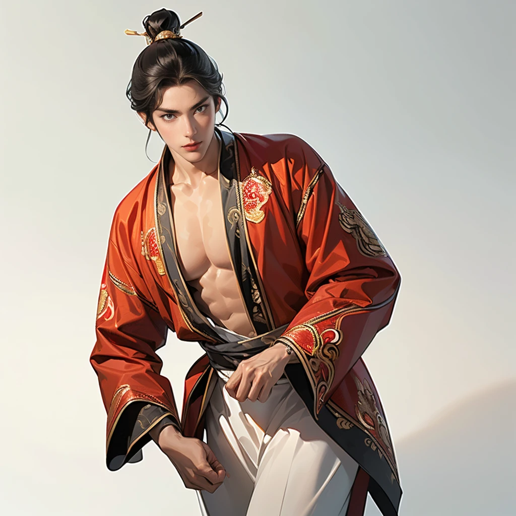 ( top quality,4K,8k, high definition ,masterpiece:1.2),super detailed,(super fine illustration),((( ONE 20 YEAR-OLD MAN DRAWED IN ANIME STYLE ILLUSTRATION ))),Heroes of the Three Kingdoms, neutral face :1.3, confident expression,(( PERFECTLY SET WITH LONG BLACK HAIR AND HANGING BANKS,VERY SEXY MAN )), detailed eyes :1.2, perfect eyes,looking up,(( Attractive Dark Eyes )),( well-trained body, thin macho),cinematic lighting, spotlight, soft shadows,((I'm making you open my chest:1.2,An ancient Chinese red costume with fine embroidery leading up to detailed works of art:1.3,dynamic pause:1.2)),((cowboy shot:1.2)),(( white background:1.3,simple background:1.2)),(( standing:1.3, depicting everything from the tip of the head to above the knee :1.3))