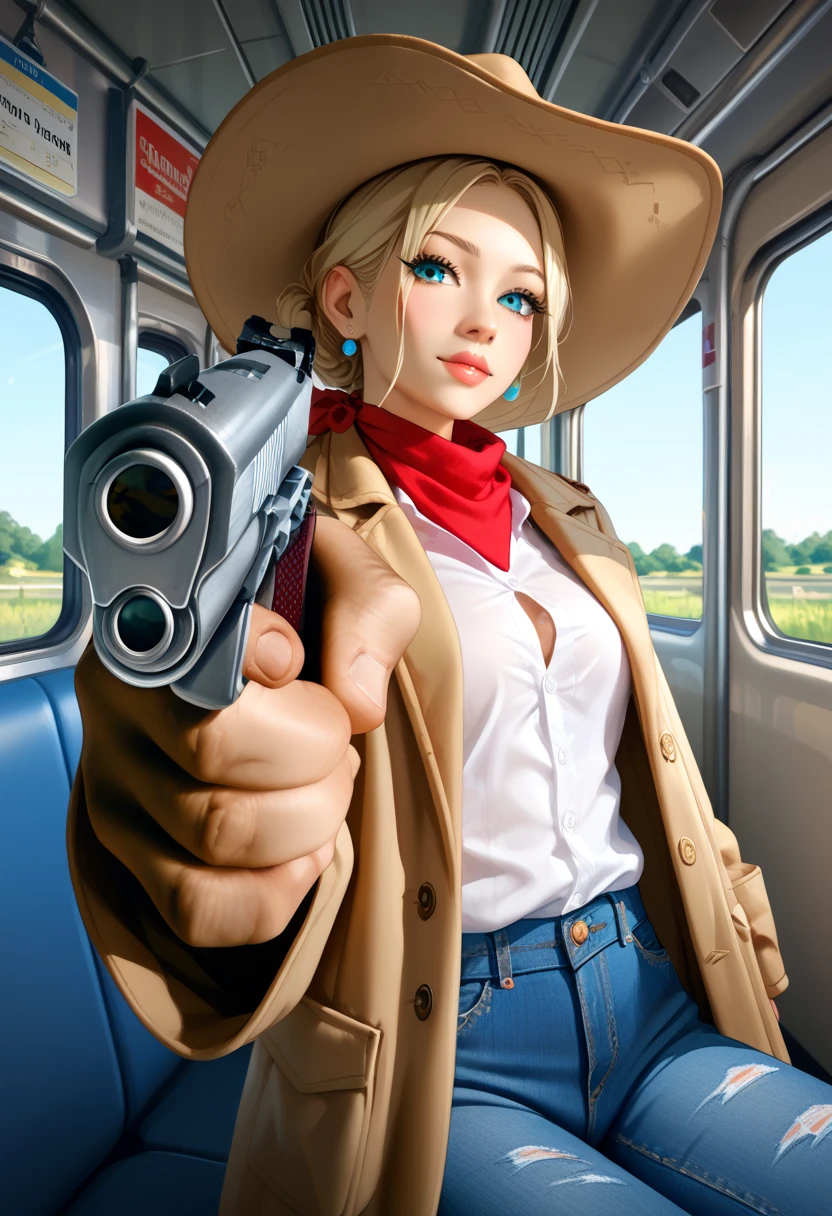 Cowgirl in an open duster coat with straps, wearing blue jeans and a white button up shirt. Has a red bandanna, wide flat brimmed cowboy hat, pointing a revolver at POV, on a train car, robbing the train, 1800’s, 19th century,old fashioned wooded train car,