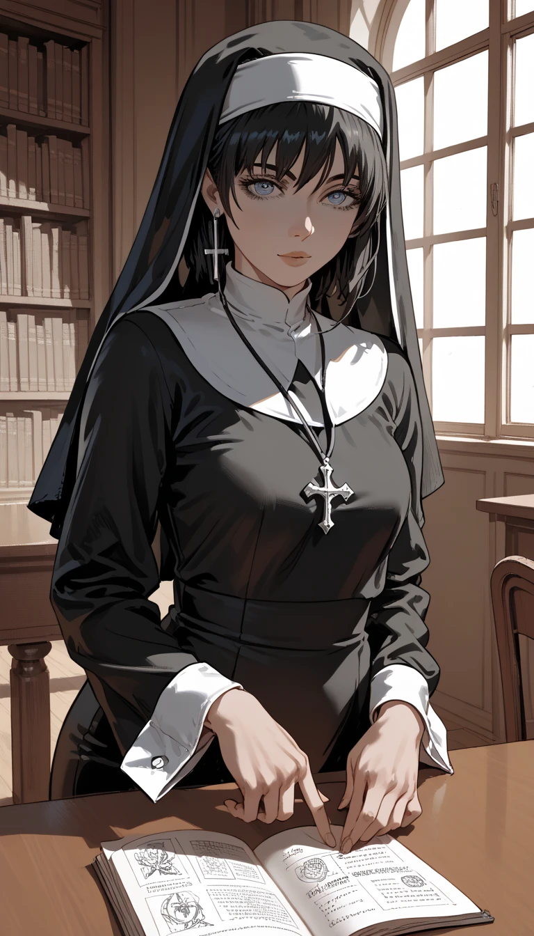  She is sitting facing the window , It&#39;s in a Library, She is wearing a nun's outfit ,  short black hair,  Blue Eyes, manga art style , black and white drawing, details, Harmony,  she has two arms on the table while looking out the window,