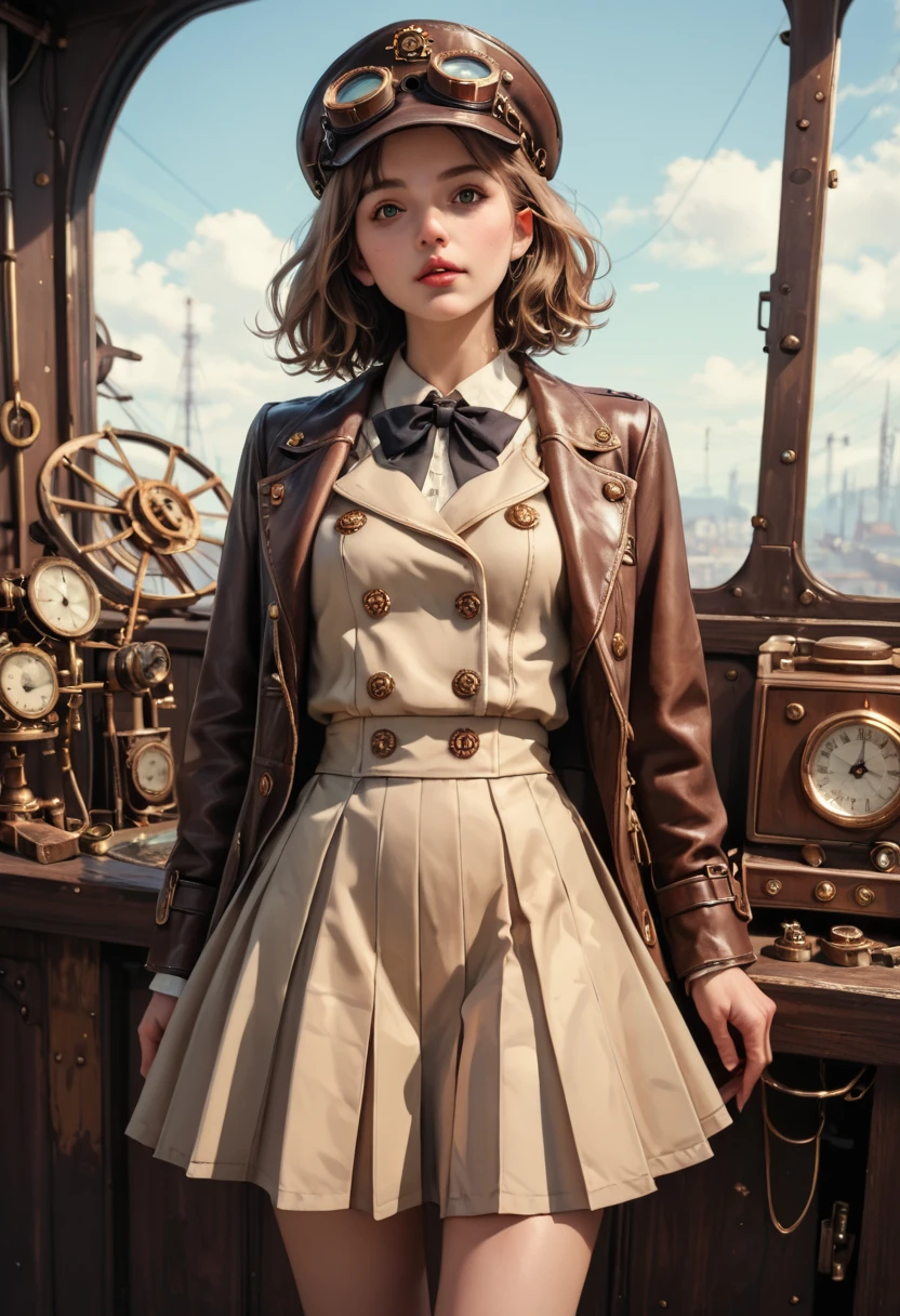 score_9, score_8_up, score_7_up, score_6_up, photo, realism, photorealistic, Industrial steampunk mechanic girl, perfectly detailed face, (hat:0.8), goggles, steampunk beige leather double breasted jacket, beige tweed fabric pleated skirt, (leather laced boots:0.8), intricately detailed brass accessories. Masterpiece, illustrated, highly detailed, industrial background, retro-futuristic,